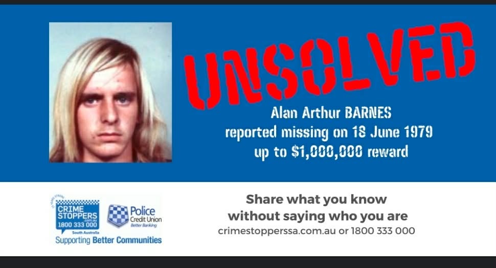 Crime Stoppers SA appeal for Alan Arthur Barnes, reported missing on 18 June 1979, displaying a reward of up to $1,000,000.