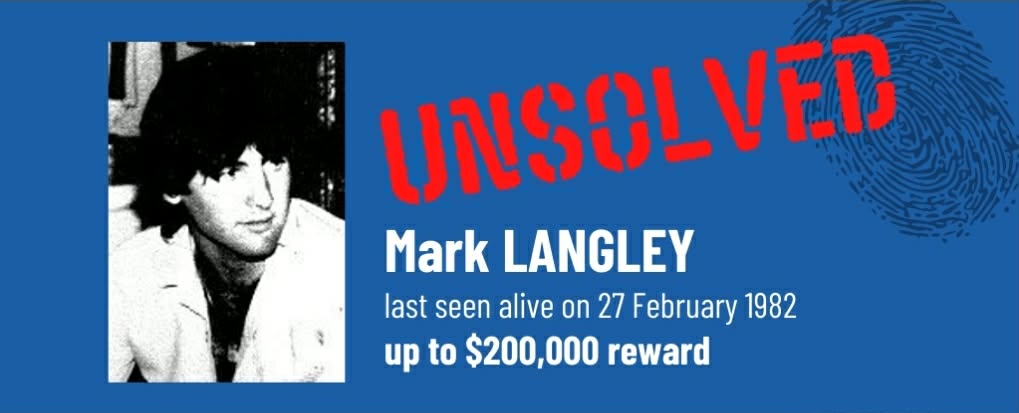 Crime Stoppers SA unsolved case appeal for Mark Langley, last seen alive on 27 February 1982, displaying a reward of up to $200,000.