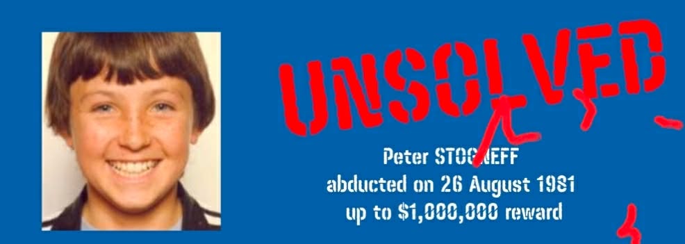 Supplied appeal graphic for Peter Stogneff, showing his portrait, 26 August 1981 and a reward of up to $1,000,000.